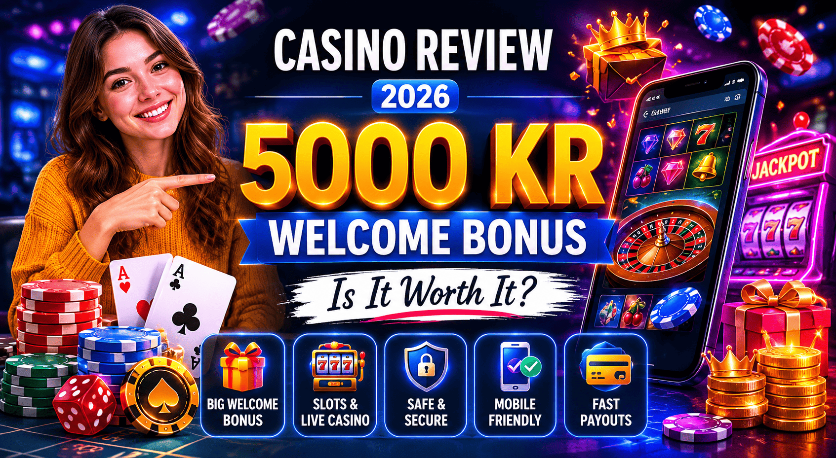 www.5000krbonus.com review showing 5000 KR bonus, casino games, payouts, and online gaming features
