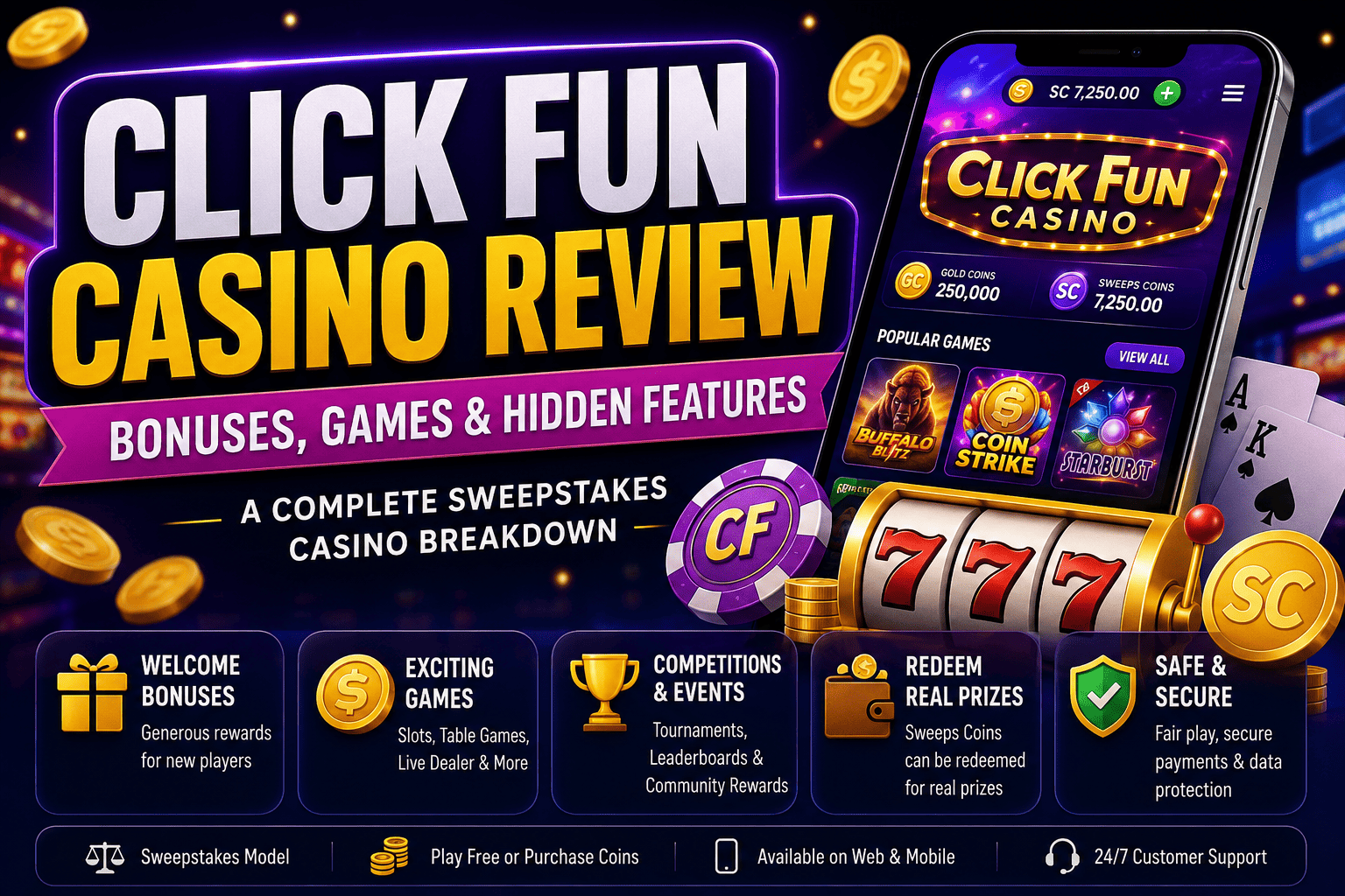 Click Fun Casino review banner showing bonuses, games, rewards, sweepstakes features and mobile gameplay