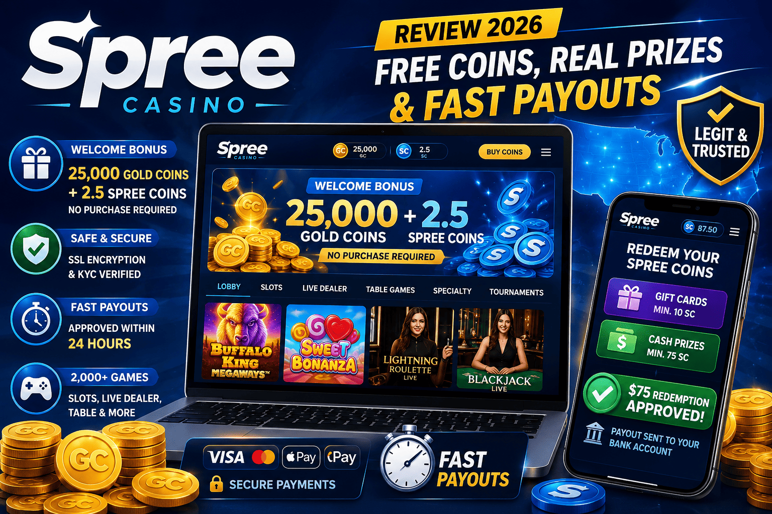 Spree Casino showing free coins welcome bonus, real prize redemptions, game selection, and fast payout features