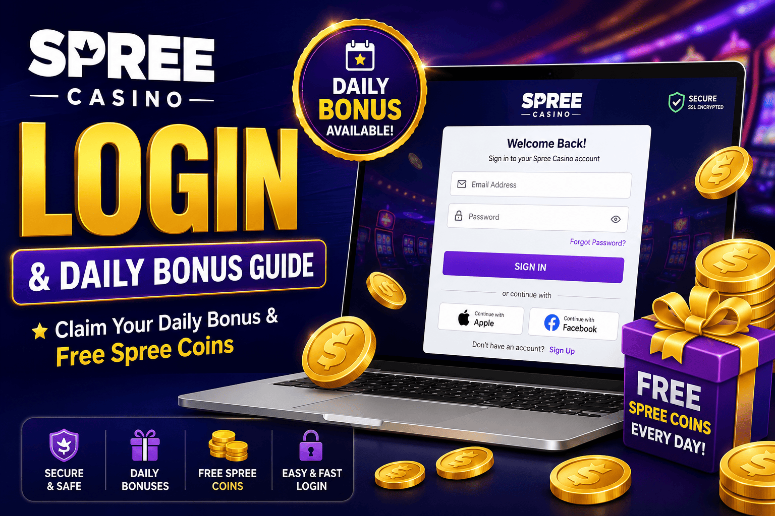 Spree Casino login page on laptop with daily bonus rewards, free Spree Coins, account sign in, and secure casino access