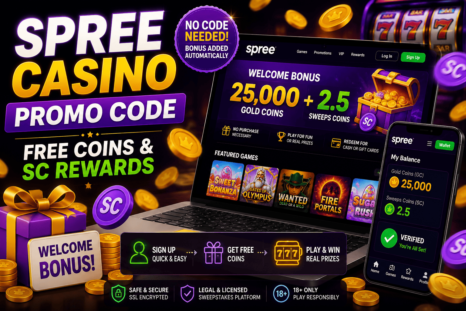 Spree Casino Promo Code welcome bonus with free Gold Coins, Sweeps Coins rewards, sign-up offer, and no deposit bonus for new players