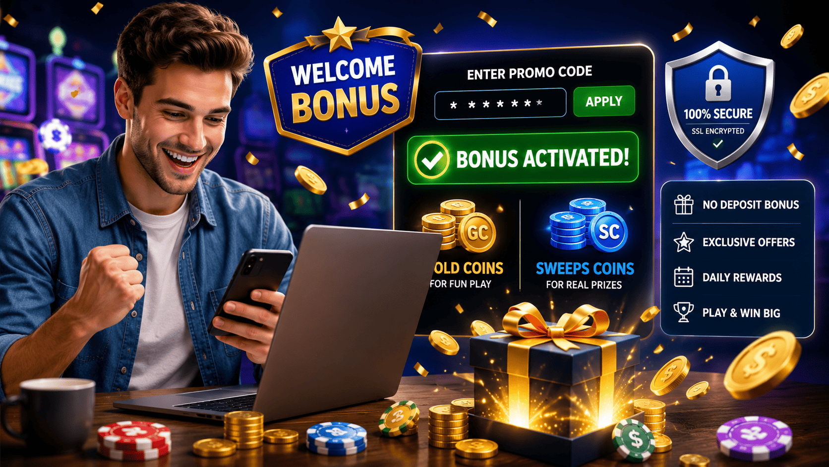 McLuck Promo Code featured image showing free Gold Coins, Sweeps Coins, welcome bonus, and exclusive casino rewards