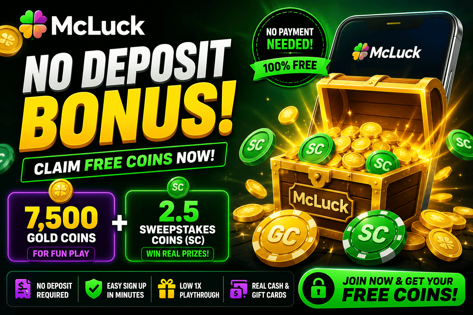 McLuck No Deposit Bonus banner showing 7,500 Gold Coins, 2.5 SC free, and an easy signup reward for new players.