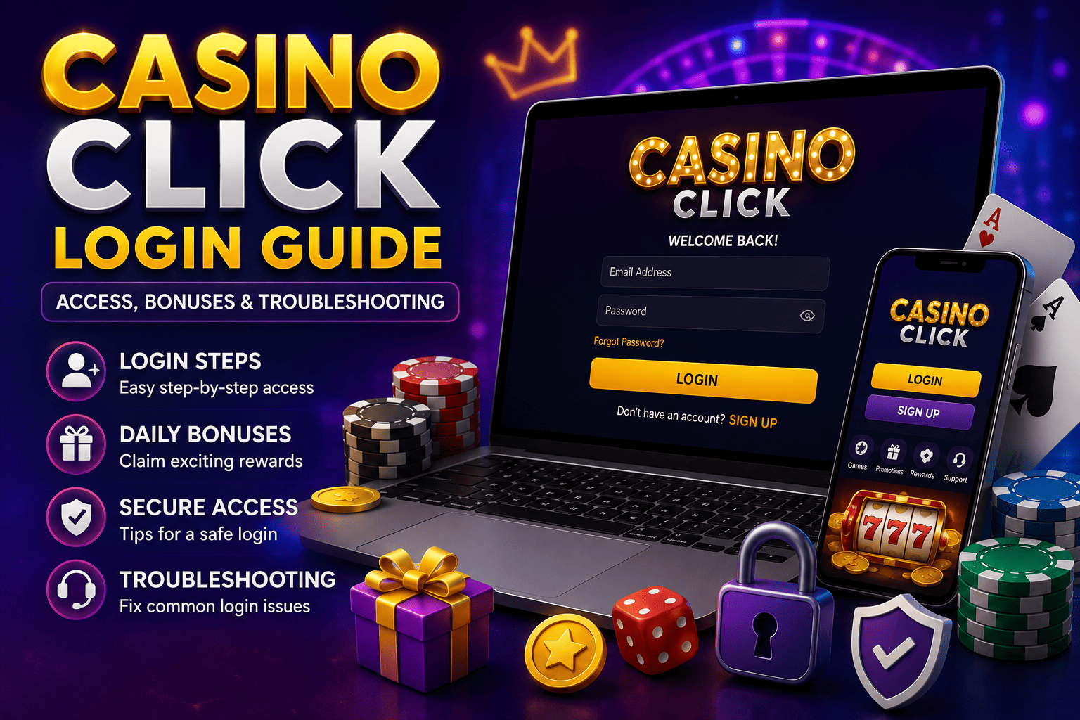 Casino Click Login Guide showing secure account access, daily bonuses, troubleshooting tips, and mobile and desktop login steps with poker chips, dice, and playing cards.