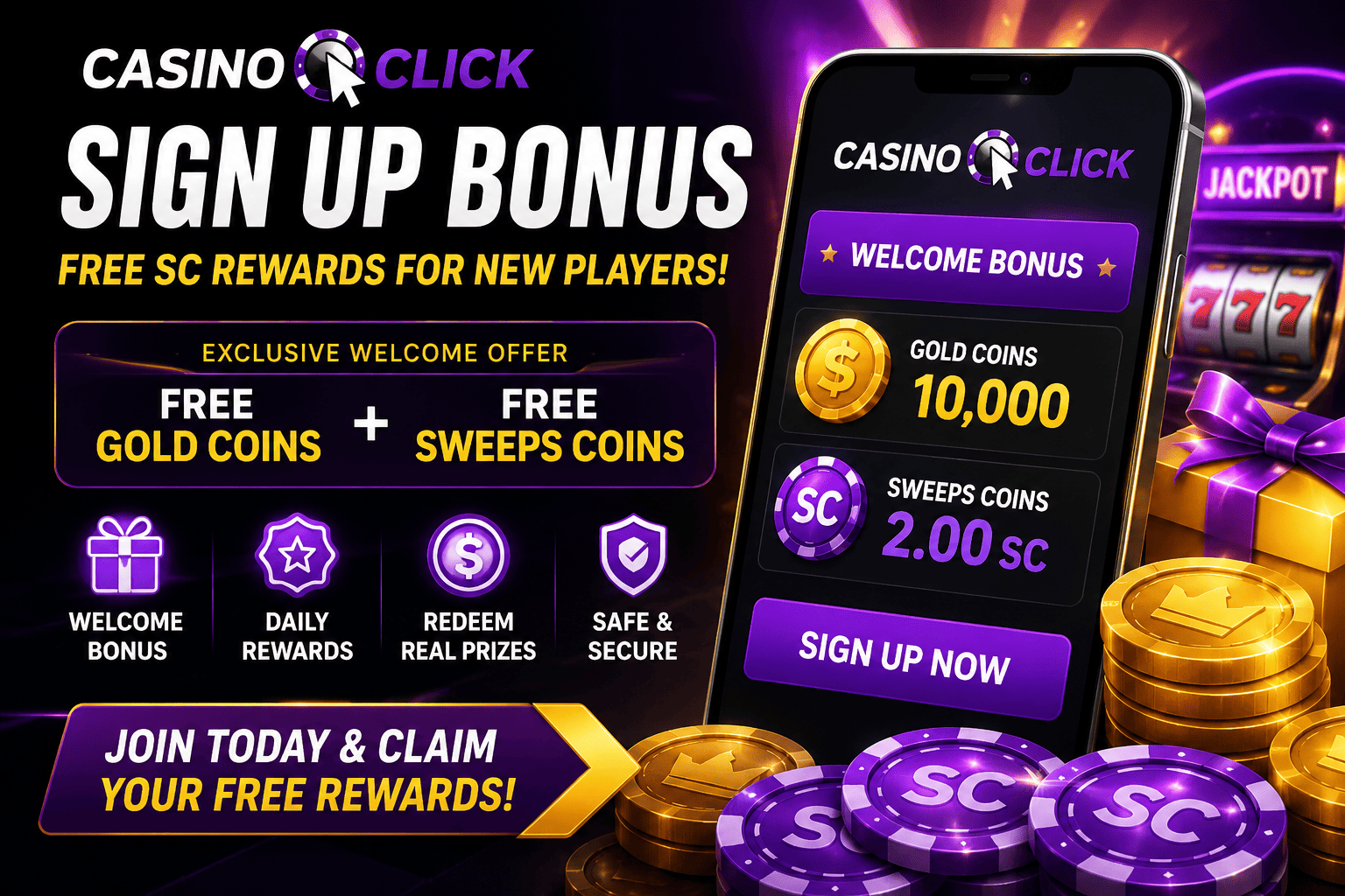 Casino Click Sign Up Bonus with free SC rewards, Gold Coins, welcome offer, and daily login bonuses for new players