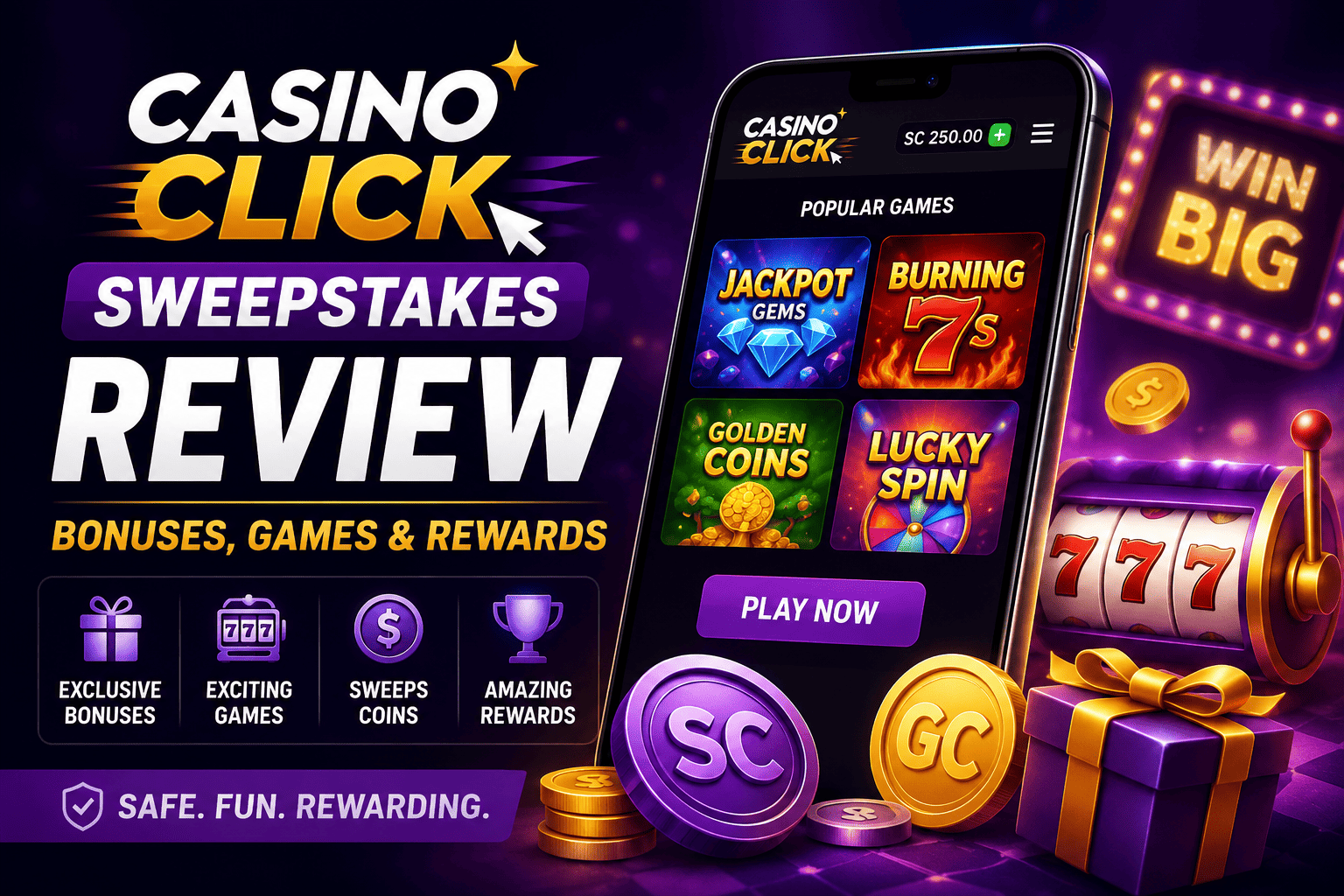 Casino Click Sweepstakes review featuring bonus rewards, slot games, Sweeps Coins, and prize redemption options