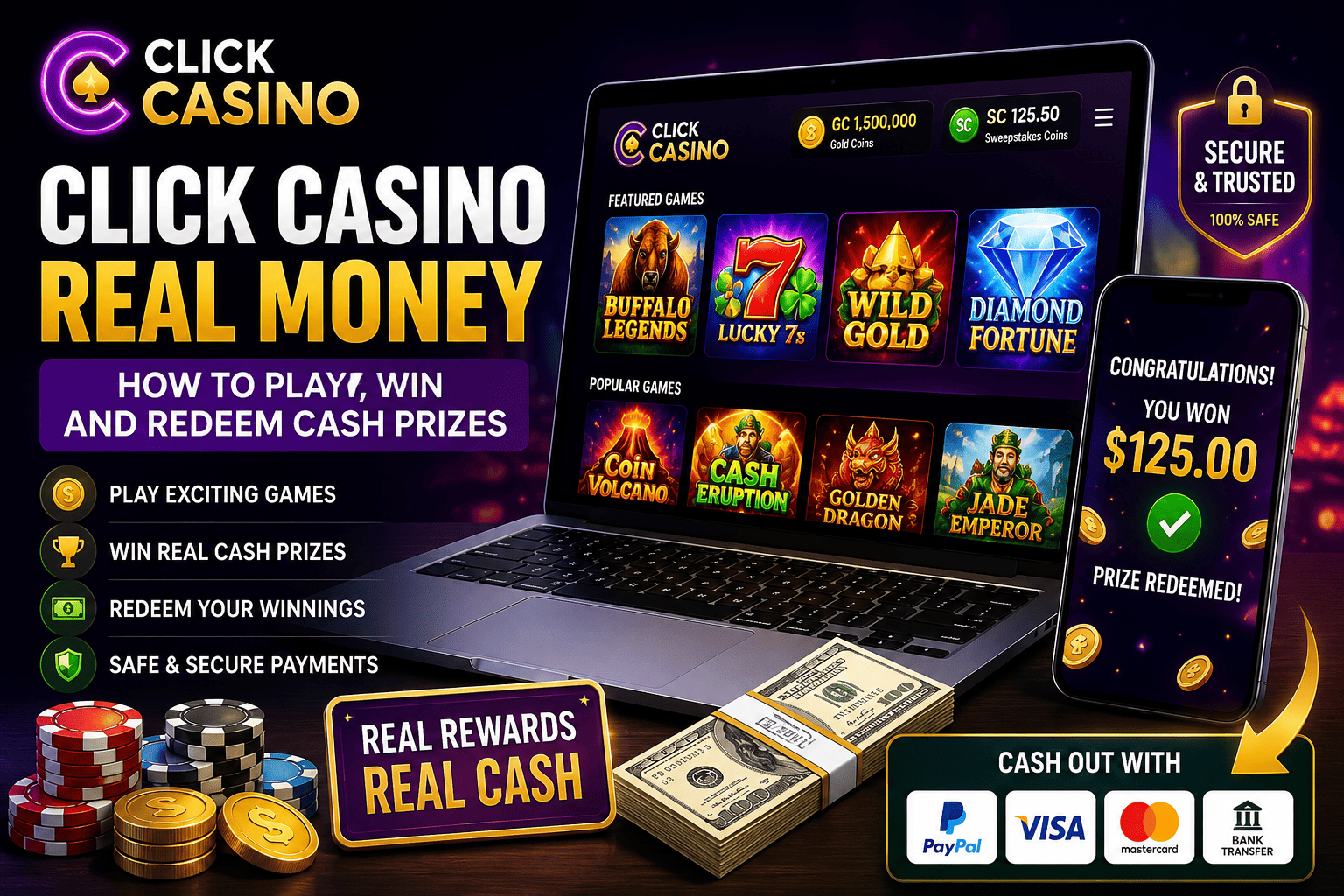 Click Casino real money guide showing casino games, cash prize redemptions, secure payment methods, and winning rewards