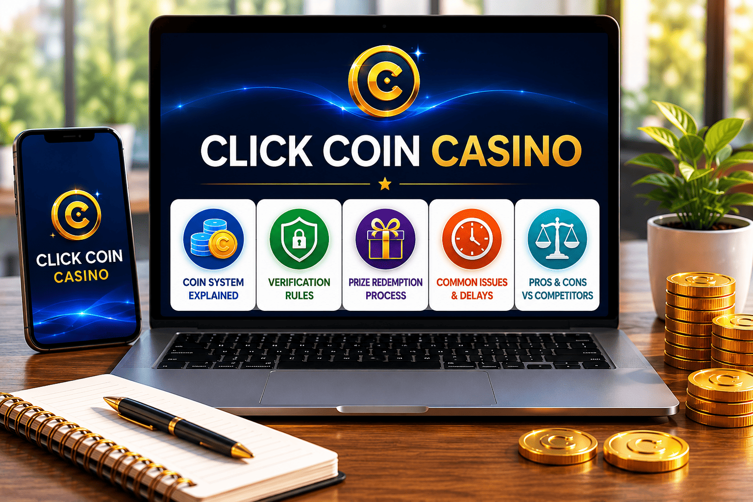 Click Coin Casino platform showing coin system, verification process, prize redemptions, and sweepstakes casino features for new players.