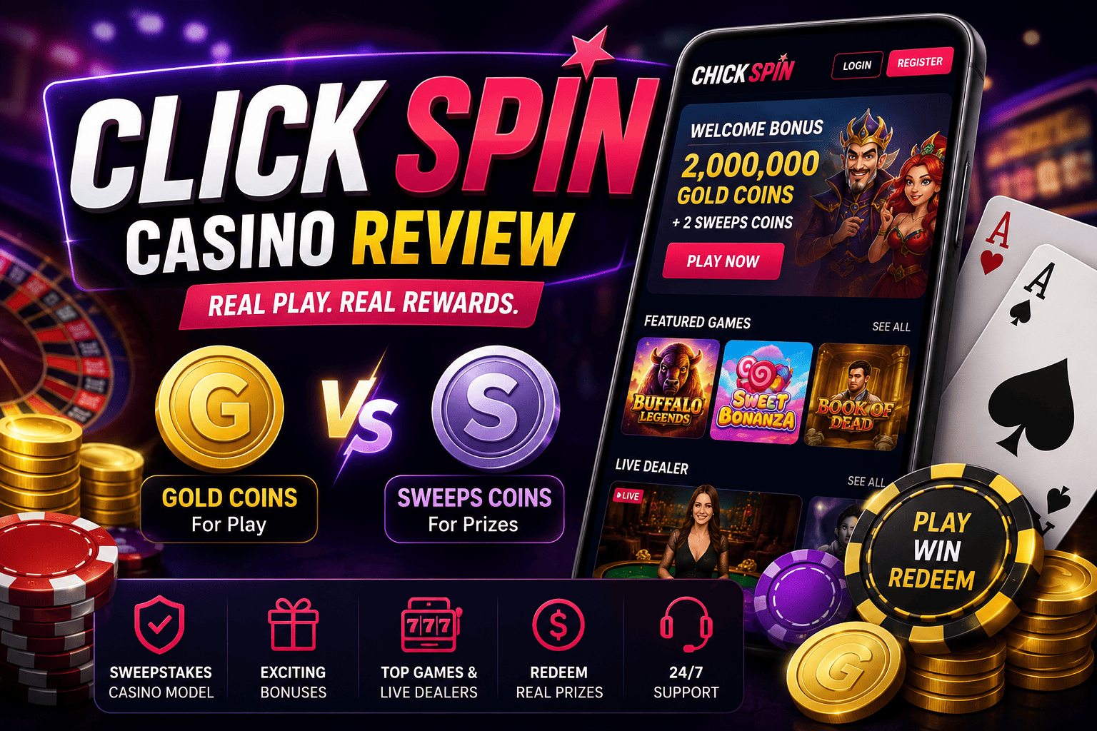 Click Spin Casino review with bonus promotions, games, Gold Coins, Sweeps Coins, and prize redemption features