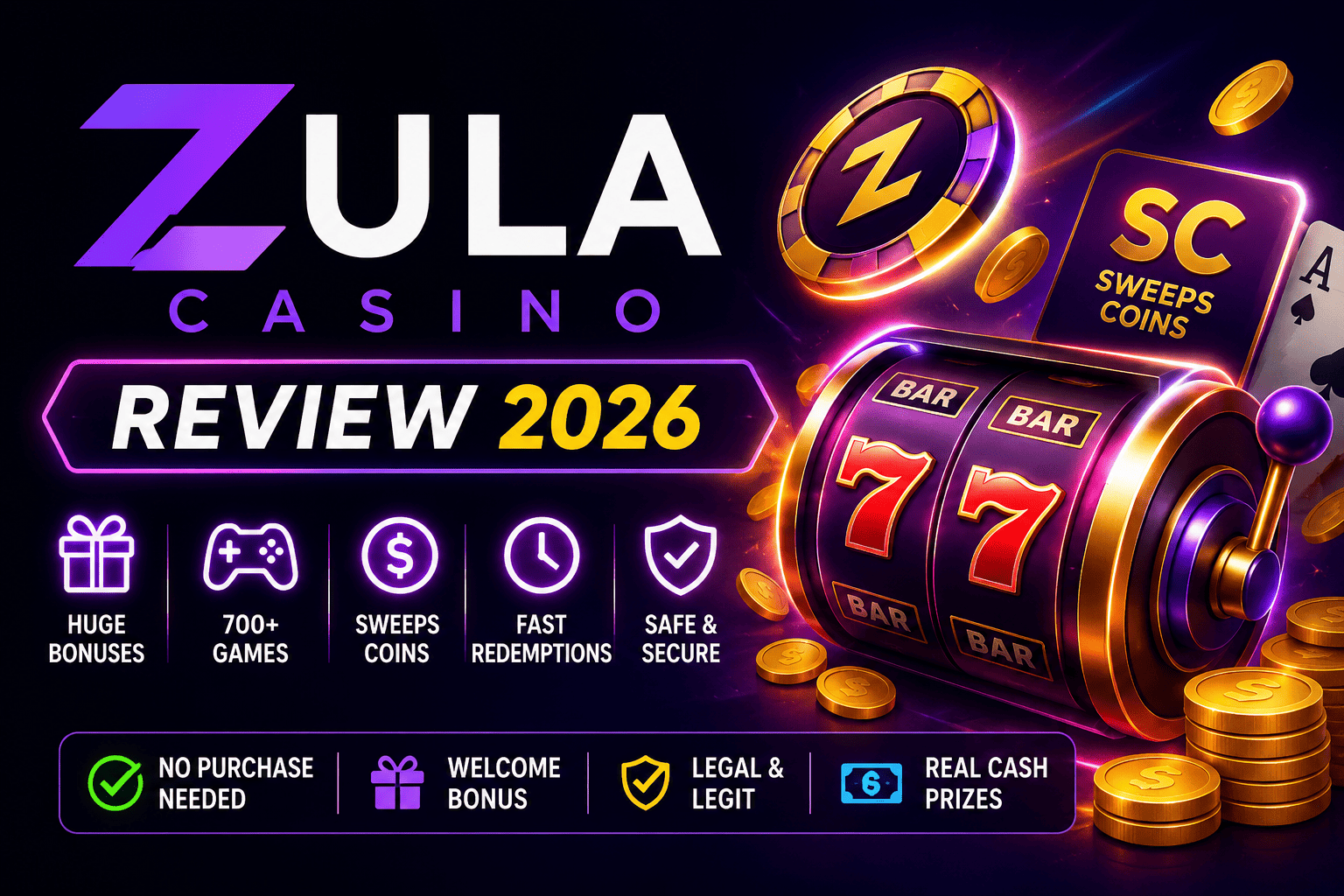 Zula Casino Review 2026 featuring huge bonuses, 700+ exciting games, Sweeps Coins, and fast redemptions