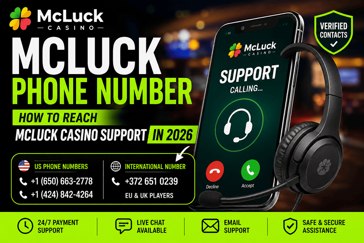 McLuck phone number support graphic with verified contact numbers, live chat, email, and 24/7 help options